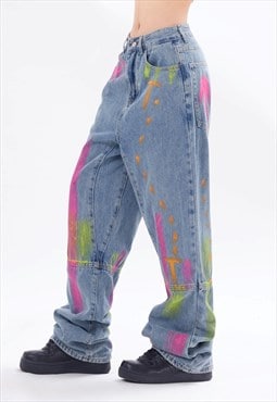 Paint splatter jeans graffiti denim trouser flare rave pants