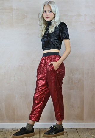 ALL OVER RED SEQUIN CROP PANTS