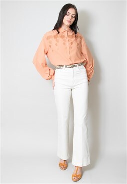70's Vintage Ladies Blouse Orange Peach Long Sleeve