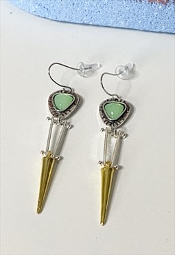 Mixed Metal Green Stone Drop Earrings