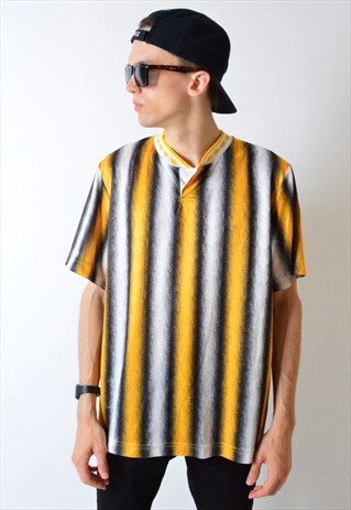 VINTAGE 90S BLACK AND YELLOW STRIPED SPORTS T-SHIRT
