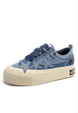 Chunky sole denim shoes platform jean sneakers in blue 
