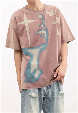 Biege Washed Graphic Cotton oversized T shirt tee