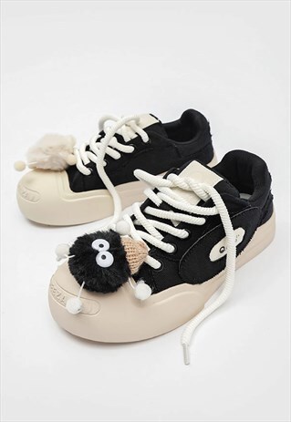 MONSTER PATCH CANVAS SHOES RETRO PLATFORM SNEAKERS BLACK