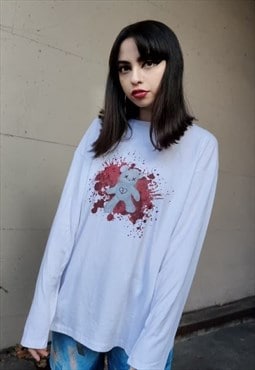 Teddy bear t-shirt heart print y2k long sleeve white tee top