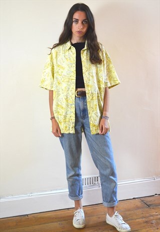 80S VINTAGE LEMON YELLOW ABSTRACT PRINT SHORT SLEEVE SHIRT