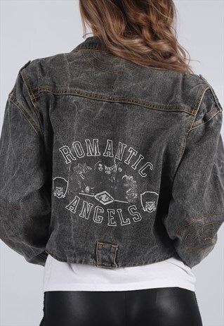 VINTAGE DENIM BIKER JACKET OVERSIZED CROPPED UK 12 (G53U)