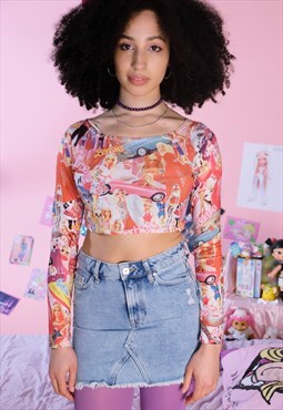 Barbie print crop top kawaii cute long sleeve y2k