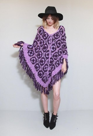 VINTAGE 1970'S AMAZING WOOL FESTIVAL FLOWER PONCHO CAPE