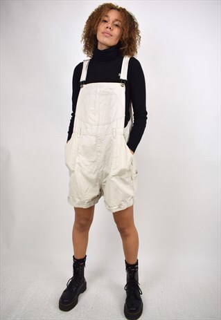 VINTAGE 90S OFF WHITE CREAM DUNGAREE SHORTS