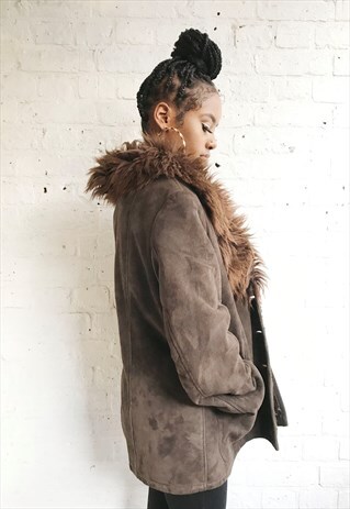 FAUX FUR COLLAR SHEARLING JACKET/COAT (1990'S/LADIES)
