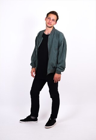 VINTAGE 90S FOREST GREEN MINIMALIST SILK BOMBER JACKET
