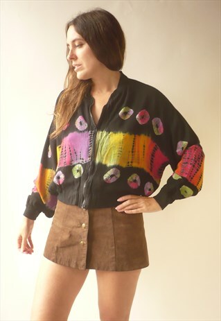 1990'S VINTAGE BLACK & RAINBOW TIE DYE BOMBER JACKET