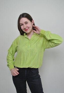 Striped essential blouse, bright green vintage shirt, women 