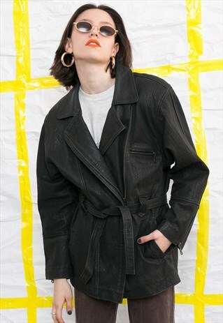VINTAGE MIDI BLACK BELTED LEATHER JACKET