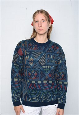Vintage 80s multicolour geometric knitted jumper pullover
