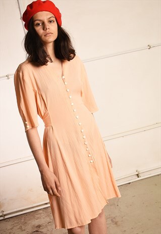 80'S RETRO CORRUGATED PEACH PARIS CHIC SUMMER MINI TEA DRESS