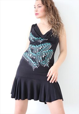 Vintage Y2k Graphic Diamante Mini Dress Cowl Neck Open Back