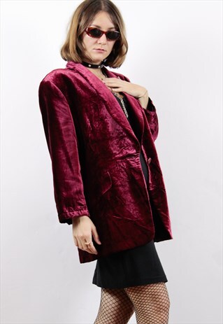 90S CRUSHED VELVET GRUNGE OVERSIZE CLARET MERLOT BLAZER COAT