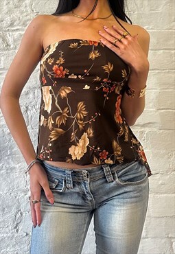  y2k Brown Floral Asymmetrical Bandeau Tube Crop Top