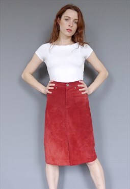 Vintage 90s red suede high waisted midi skirt 