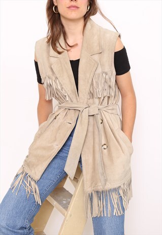 VINTAGE 80S BEIGE SUEDE TASSEL FRINGE WAISTCOAT JACKET