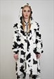 COW PRINT COAT HOODED FAUX FUR SPOT PATTERN TRENCH ANIMAL 