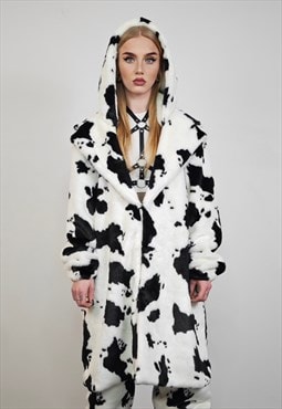 Cow print coat hooded faux fur spot pattern trench animal 