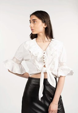 Cropped Tie Front Lace Insert Cotton Top