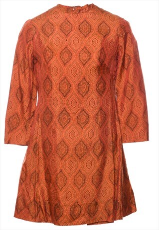 VINTAGE ORANGE PATTERNED 1960S MINI DRESS - M