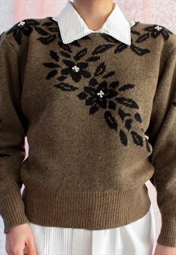 Vintage Jumper Sweater Flowers Size S T300