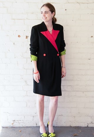 80S VINTAGE LEE BENDER BLACK WRAP DRESS-STATMENT RED COLLAR