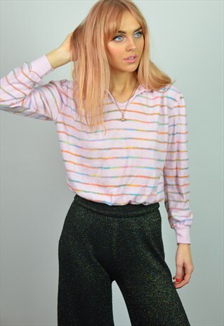 VINTAGE 70S PASTEL PINK STRIPE POLO LONG SLEEVED TOP