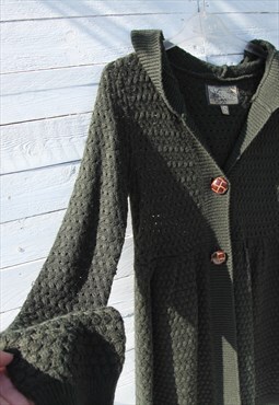 Vintage green hooded knitted long cardigan,knitted coat