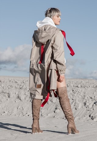 BEIGE/ RED PARKA COAT
