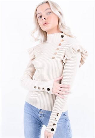 BEIGE RIBBED FRILL TRIM BUTTON DETAIL TOP