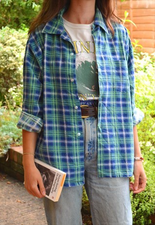 90S VINTAGE GREEN AND BLUE CHECKED FLANNEL SHIRT