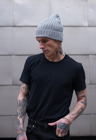 RIBBED FISHERMAN TRAWLER WINTER BEANIE HAT - HEATHER GREY