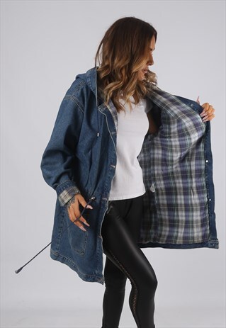 VINTAGE DENIM PARKA JACKET LONG HOODED OVERSIZED UK 12 (RBW)
