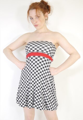 VINTAGE Y2K BLACK CHECK GINGHAM STRAPLESS DRESS