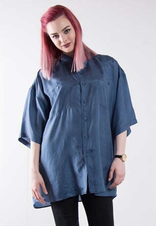90'S NAVY BLUE OVERSIZE SILK SHIRT