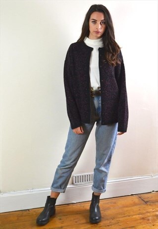 90S VINTAGE PURPLE PATTERN KNIT BUTTON UP CARDIGAN