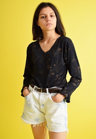 CUTE 90'S RETRO FLORAL PRINT SLIGHTLY SHIMMER TOP BLOUSE