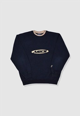 Vintage 90s ASICS Embroidered Logo Sweatshirt in Navy Blue