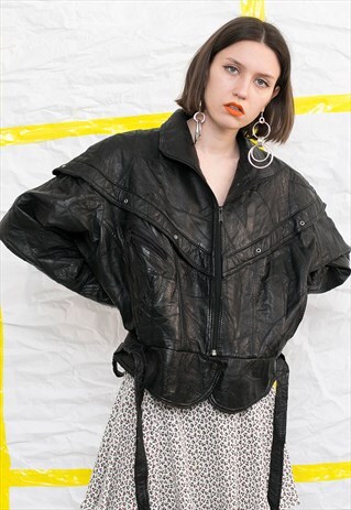 VINTAGE PATCHED BLACK LEATHER BIKER JACKET
