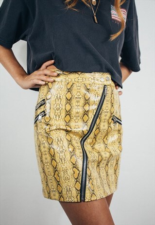 VINTAGE 90S INSPIRED FAUX LEATHER SNAKESKIN SKIRT YELLOW