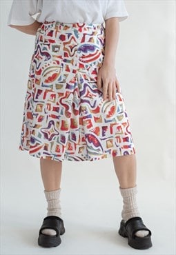 Vintage 80s Crazy Printed Midi Pleated Skirt in Multi XL