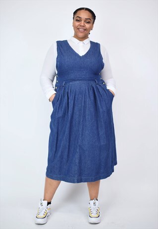 VINTAGE 90'S LONG DENIM DRESS WITH SIDE BUTTONS & POCKETS