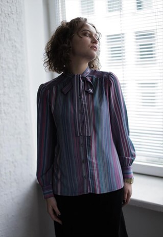 VINTAGE 70'S MULTI COLOUR STRIPED LONG SLEEVE BOW BLOUSE