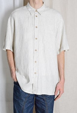 Y2K Beige Striped Minimalist Linen Short Sleeve Shirt